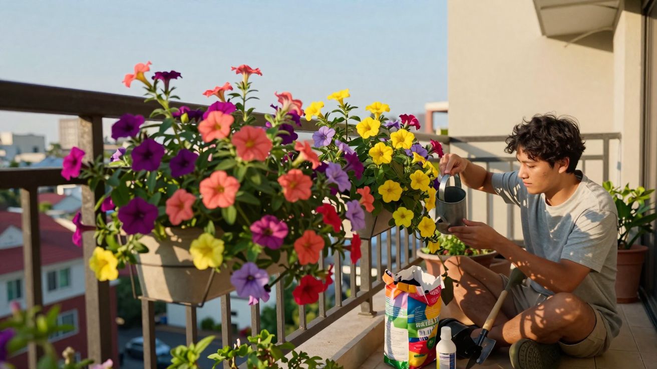 Jeune homme arrosant des fleurs colorées en pot sur un balcon ensoleillé dans un environnement urbain.