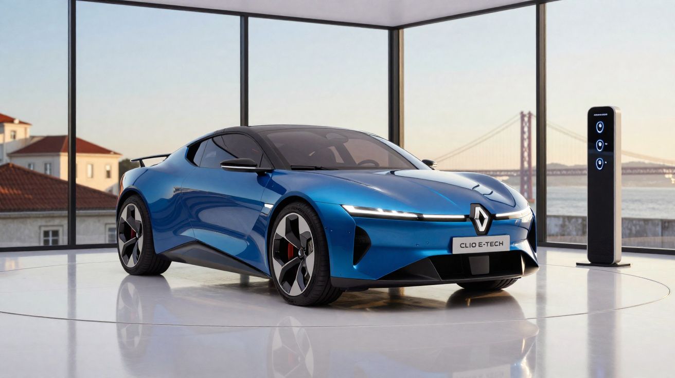 Voiture électrique sportive Renault Clio E-Tech bleue exposée dans un showroom moderne avec vue sur un pont.