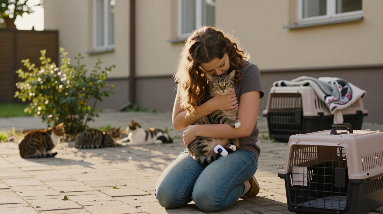 Jeune femme embrassant un chat sur ses genoux devant plusieurs chats et des caisses de transport à l'extérieur.