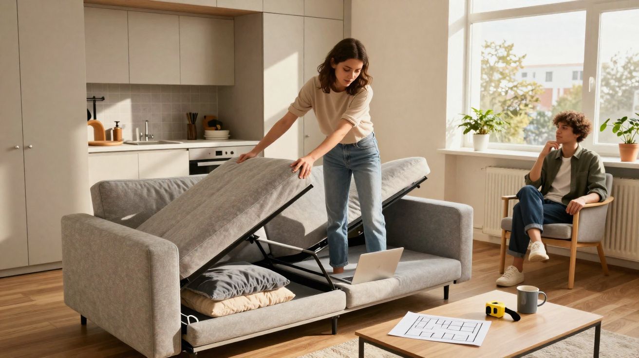 Jeune femme ouvrant un canapé-lit dans un salon moderne avec un homme assis dans un fauteuil près de la fenêtre.