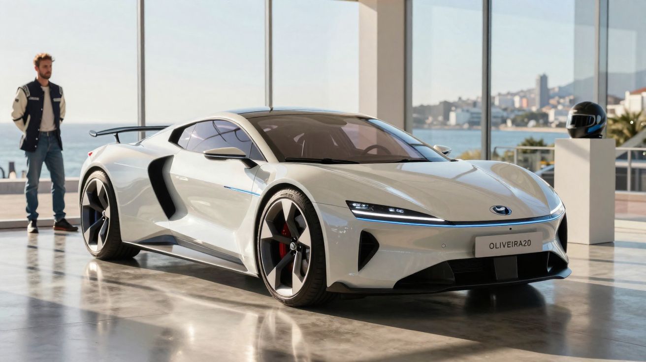 Voiture de sport électrique blanche OLIVEIRA20 exposée dans un showroom lumineux avec un homme en arrière-plan.