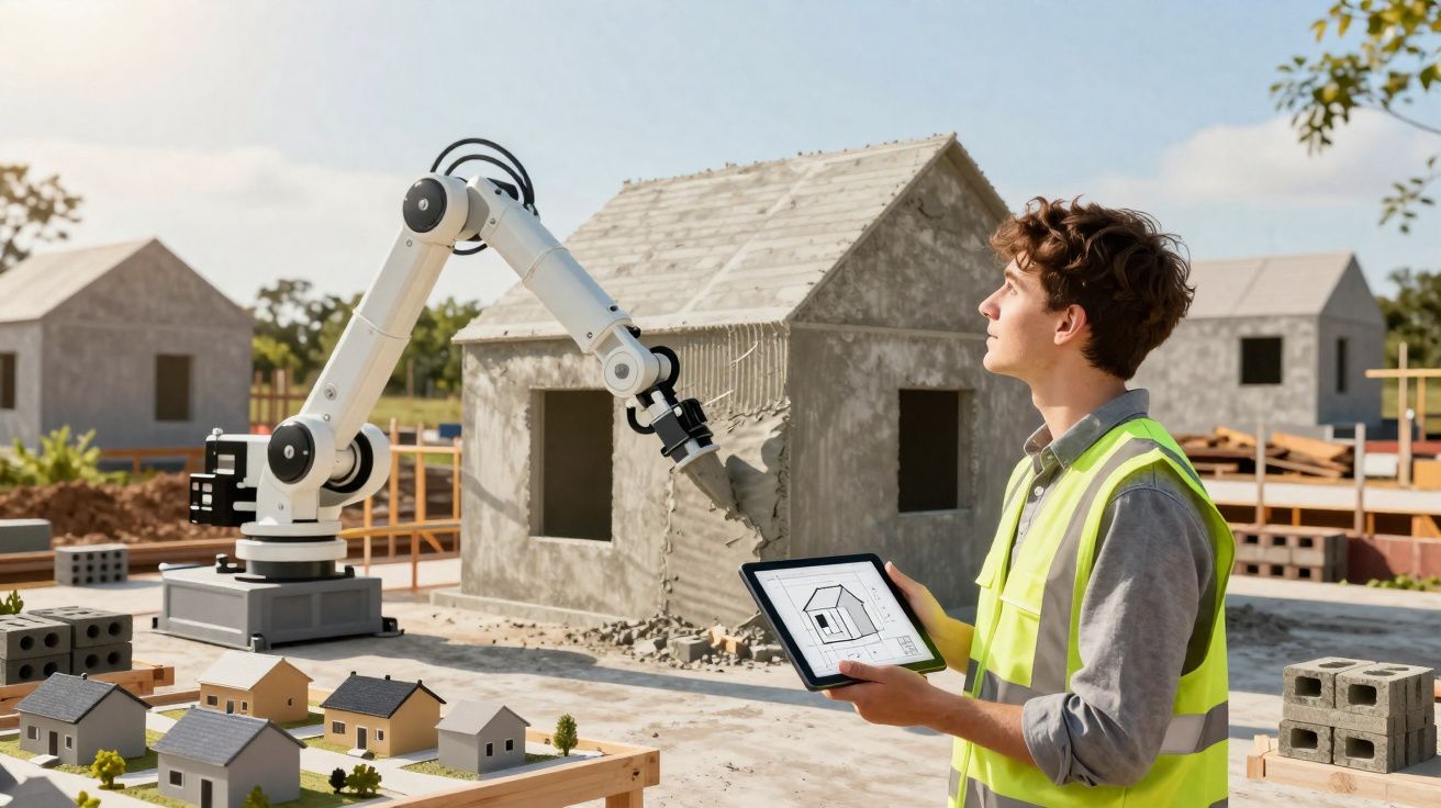 Jeune homme en gilet de sécurité contrôlant un robot pour construire une maison sur un chantier extérieur.