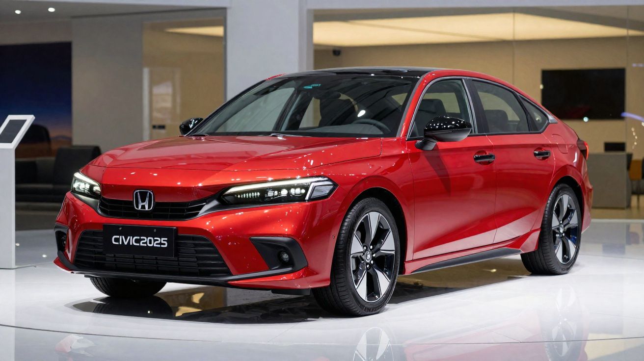 Voiture rouge Honda Civic 2025 exposée sur un sol blanc dans un salon auto moderne.