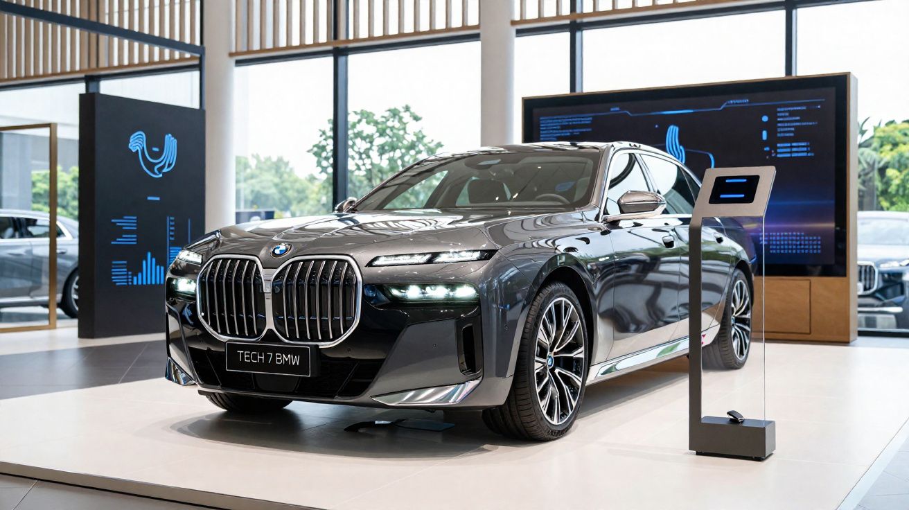 BMW Tech 7 grise exposée dans un showroom moderne avec écran interactif à côté, moderne et design.