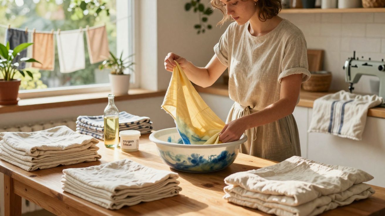 Femme teintant un tissu jaune dans une bassine, entourée de piles de linge blanc plié dans une cuisine lumineuse.