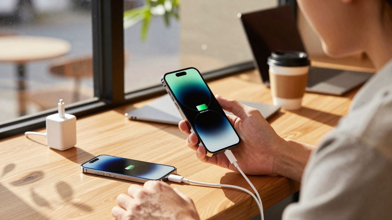 Personne tenant un smartphone en charge, un second téléphone en charge sur une table en bois près d'une fenêtre.