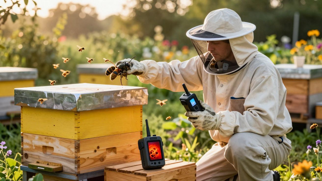 Apiculteur en tenue de protection inspectant une ruche entourée d’abeilles au coucher du soleil.