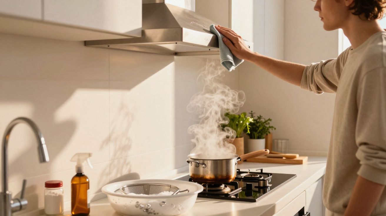 Personne nettoyant la hotte aspirante d'une cuisine moderne avec de la vapeur s'échappant d'une casserole sur le feu.