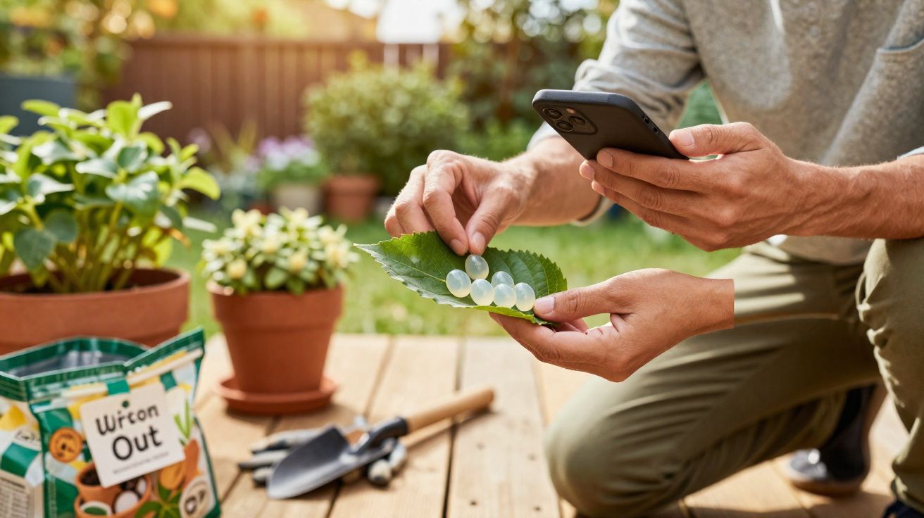 Personne tenant une feuille verte avec des capsules de gel, tenant un smartphone en jardin avec outils et pots.