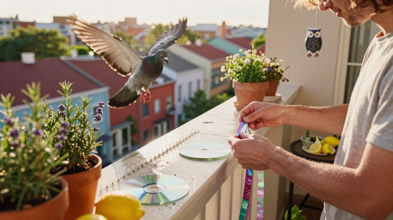 Un homme installe des bandes réfléchissantes sur un balcon pour éloigner un pigeon en vol.