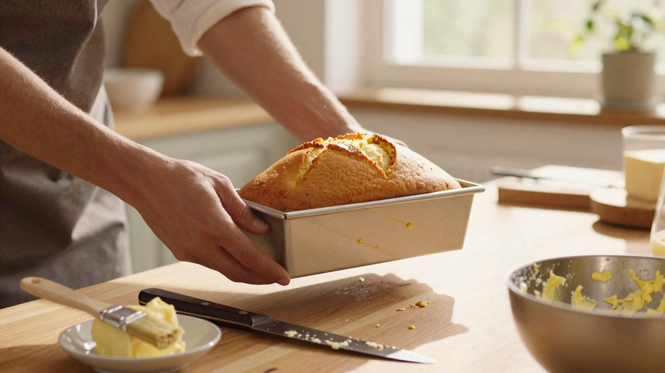 Personne tenant un moule avec un cake fraîchement cuit dans une cuisine lumineuse.