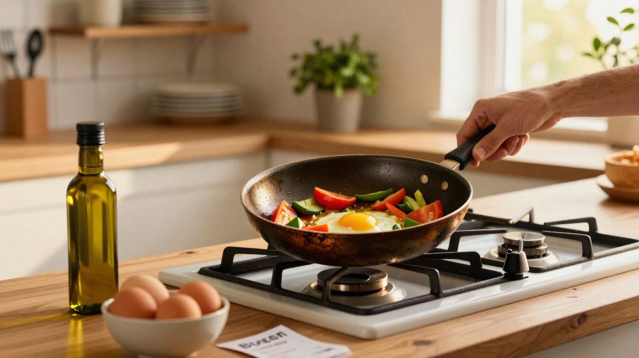 Main tenant une poêle avec œuf au plat et légumes sur une cuisinière à gaz dans une cuisine moderne.