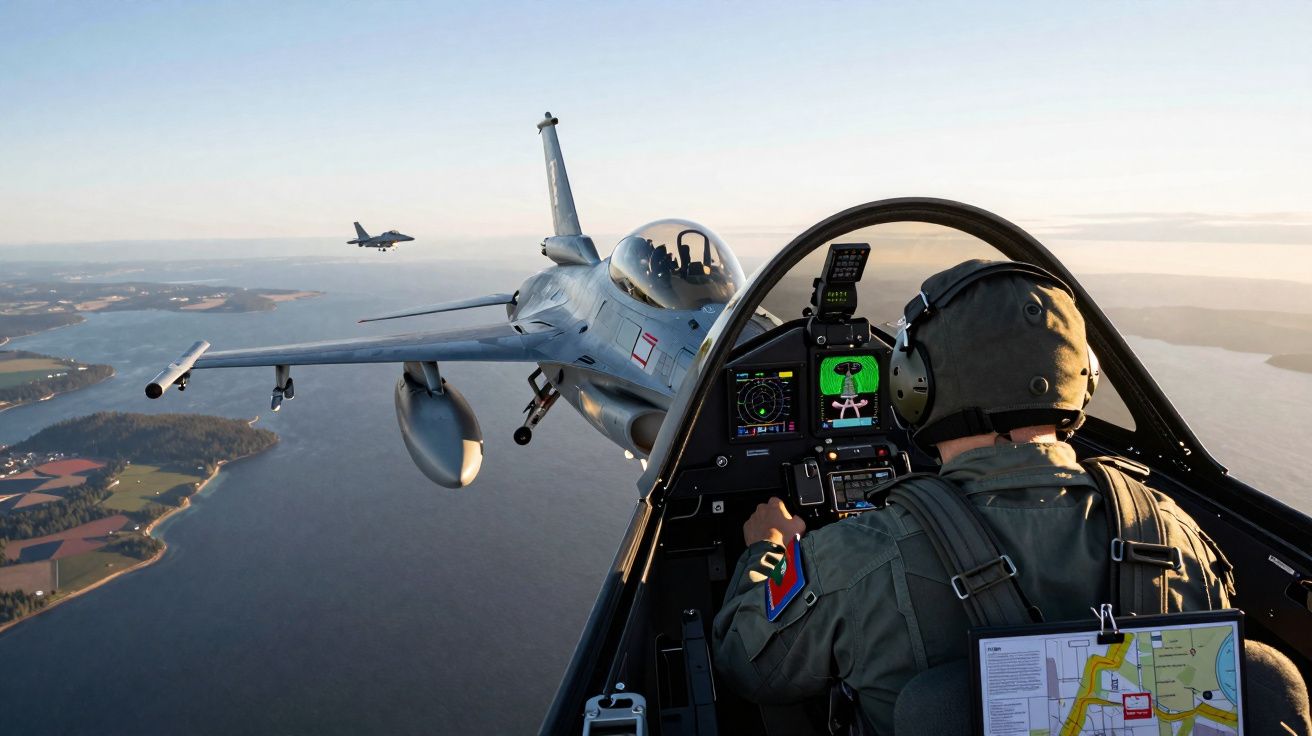 Vue depuis le cockpit d’un avion de chasse volant en formation au-dessus d’un grand lac et de terres boisées.