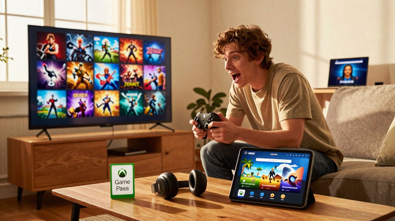 Jeune homme enthousiaste joue à un jeu vidéo sur console avec écran TV et tablette dans un salon lumineux.