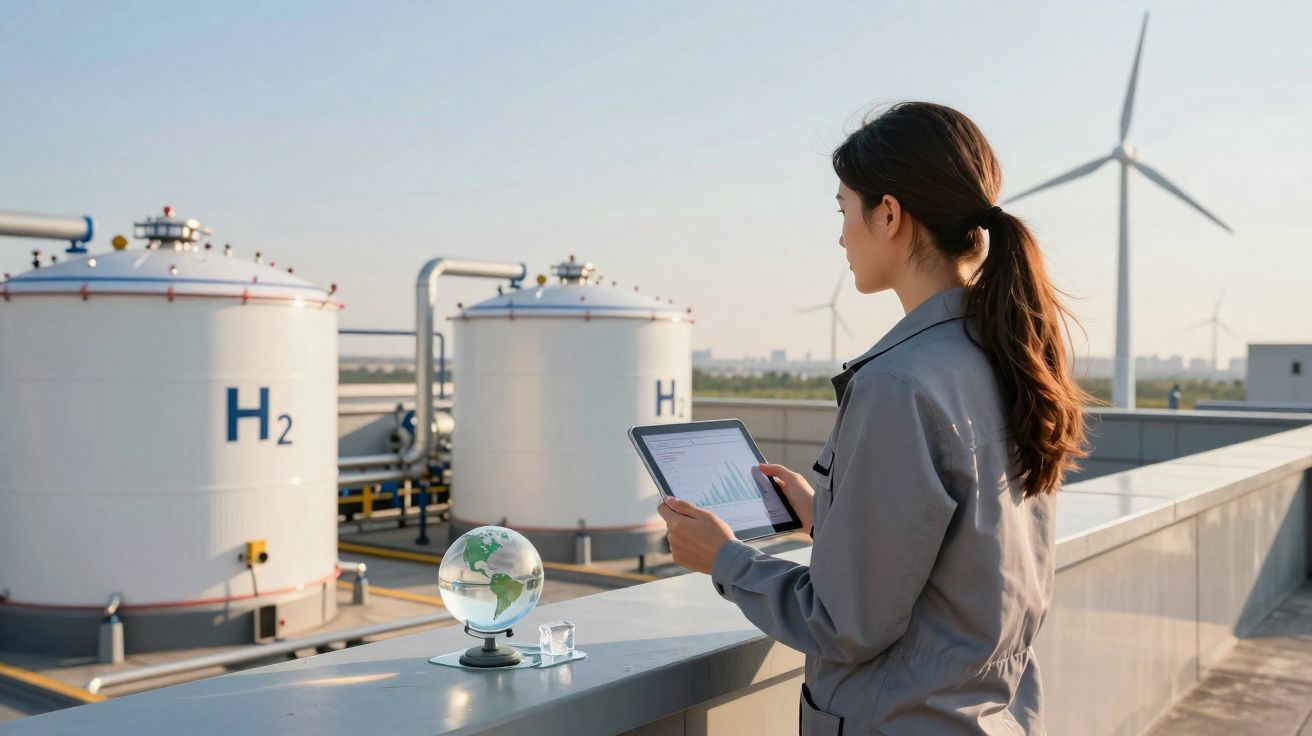 Femme avec tablette observe des réservoirs d'hydrogène et éoliennes, symboles d'énergie propre et durable.