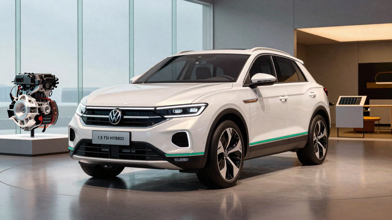 SUV Volkswagen blanc 1.5 TSI hybride exposé en intérieur moderne avec moteur suspendu à gauche.