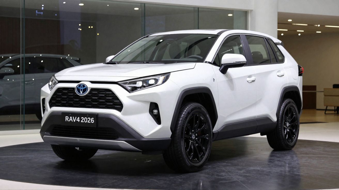Toyota RAV4 blanc modèle 2026 exposé en intérieur sur un socle noir, vue angle avant droit.