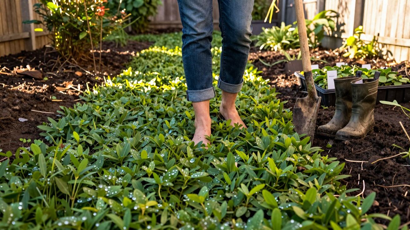 Personne pieds nus dans un jardin potager entouré de plantes vertes, avec des bottes et une bêche à proximité.