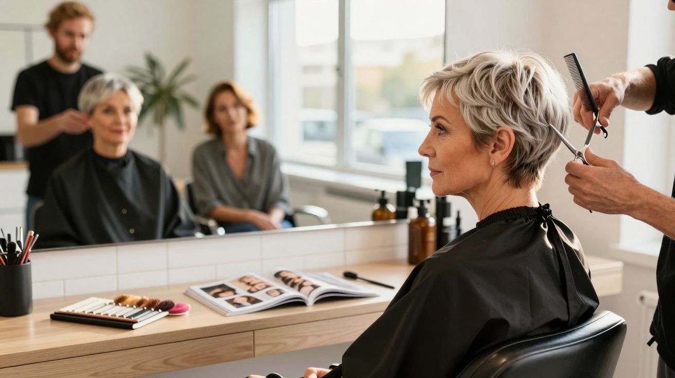 Femme mature assise dans un salon de coiffure, se faisant couper les cheveux par un coiffeur.