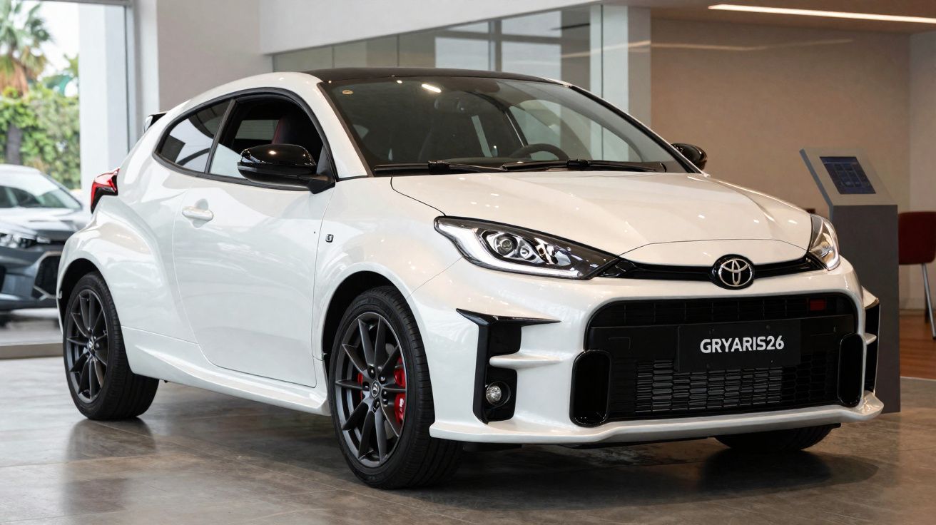 Voiture sportive Toyota GR Yaris blanche exposée en intérieur sur sol en béton.