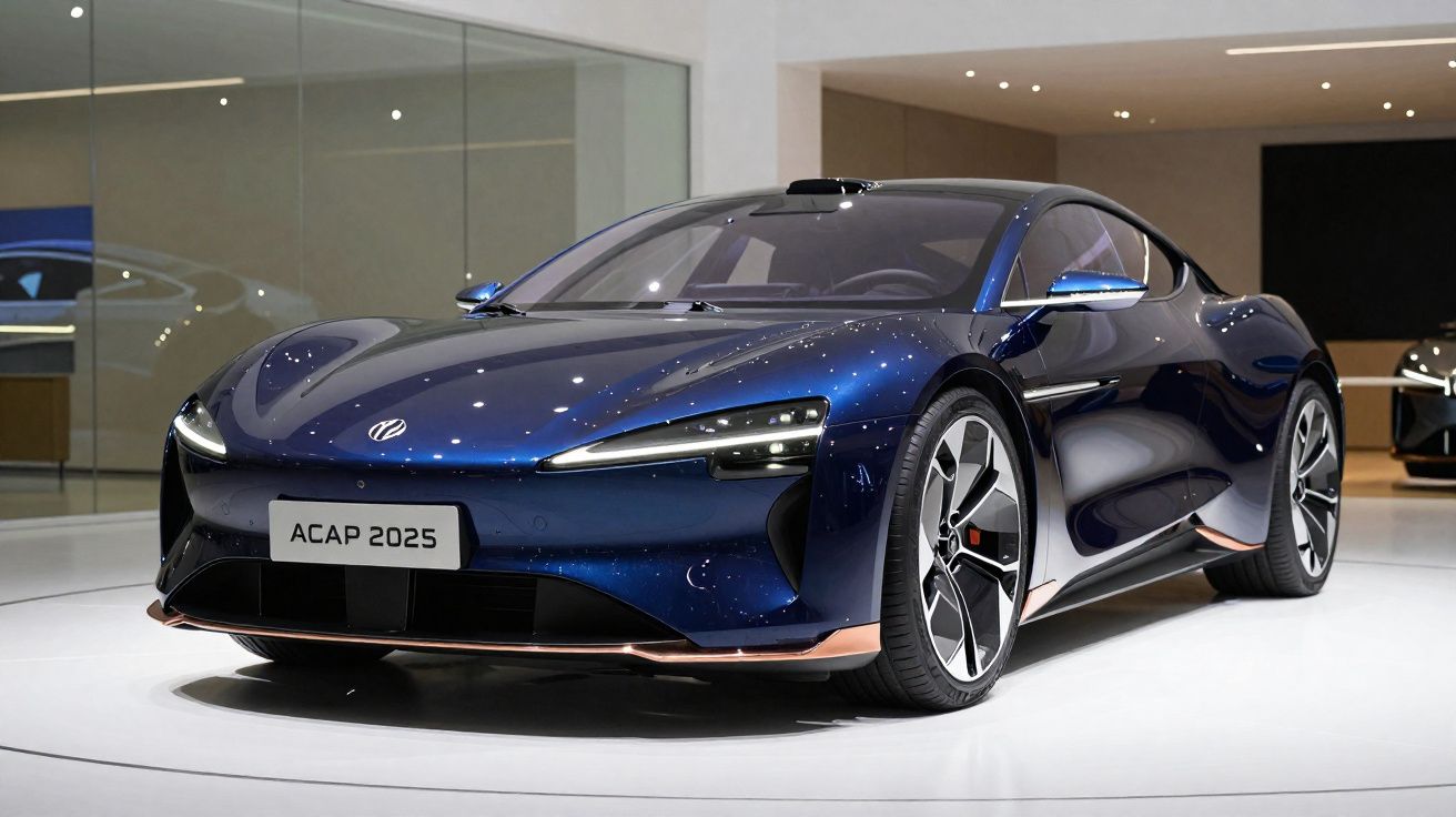 Voiture sportive électrique bleue métallisée exposée en intérieur avec éclairage brillant et plaque ACAP 2025.