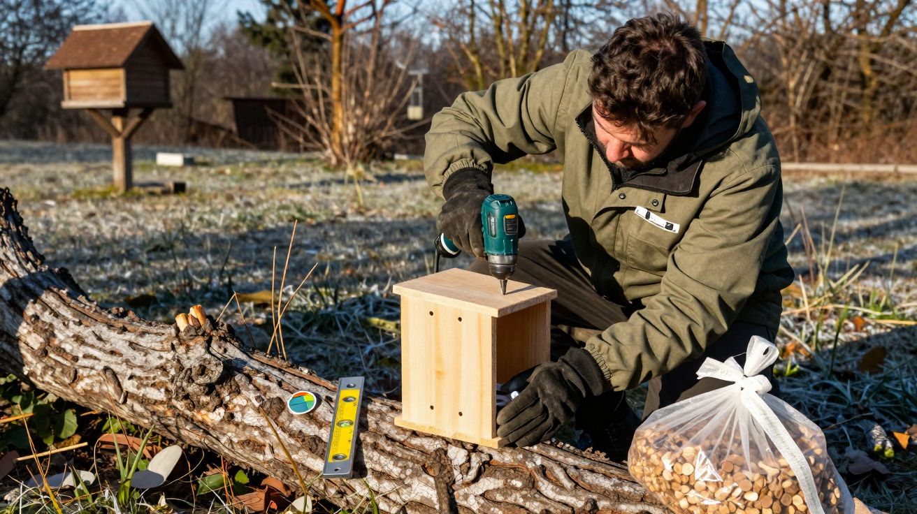 Homme installant une maison en bois pour oiseaux dans un jardin avec outil électrique et sac de graines.