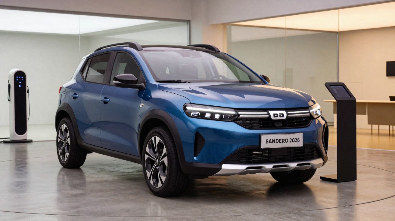 SUV bleu électrique Dacia Sandero 2026 présenté en showroom moderne avec borne de recharge.