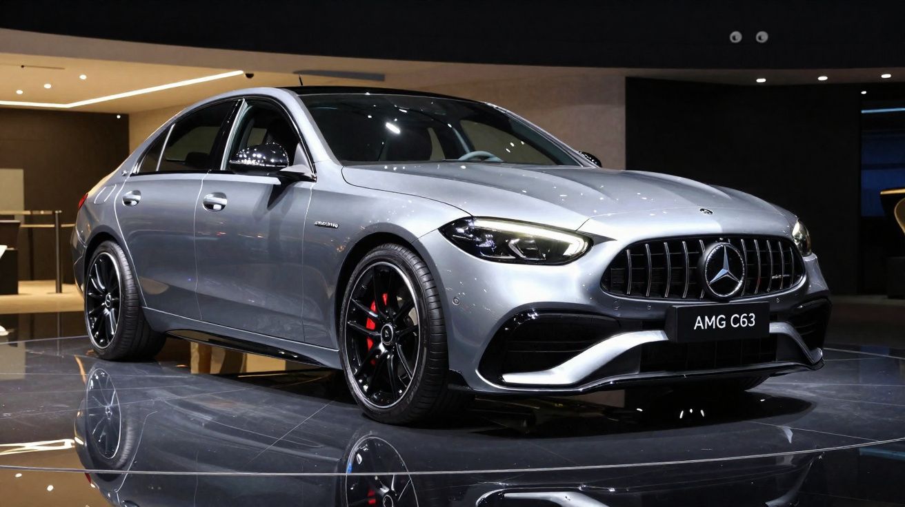 Voiture sportive grise Mercedes AMG C63 exposée sur un sol brillant dans un espace moderne.