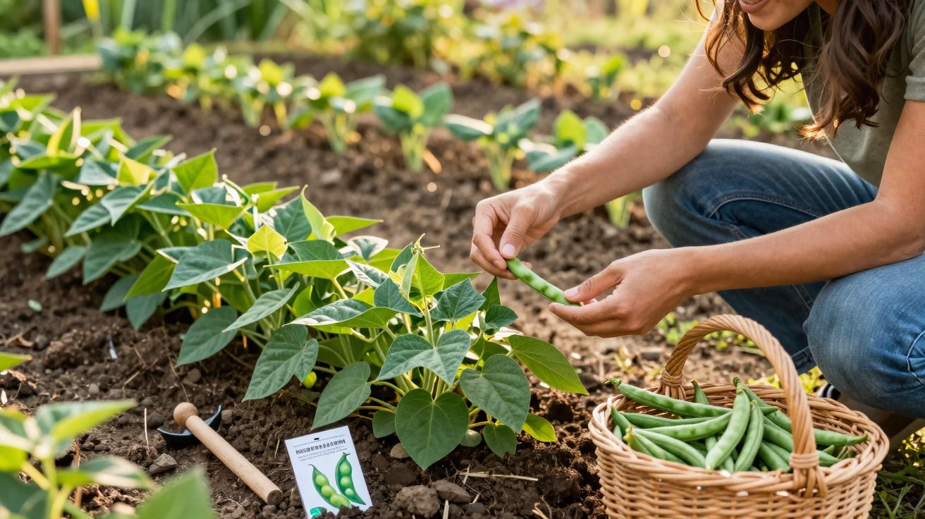 Personne récoltant des haricots verts dans un potager avec un panier en osier posé à côté.