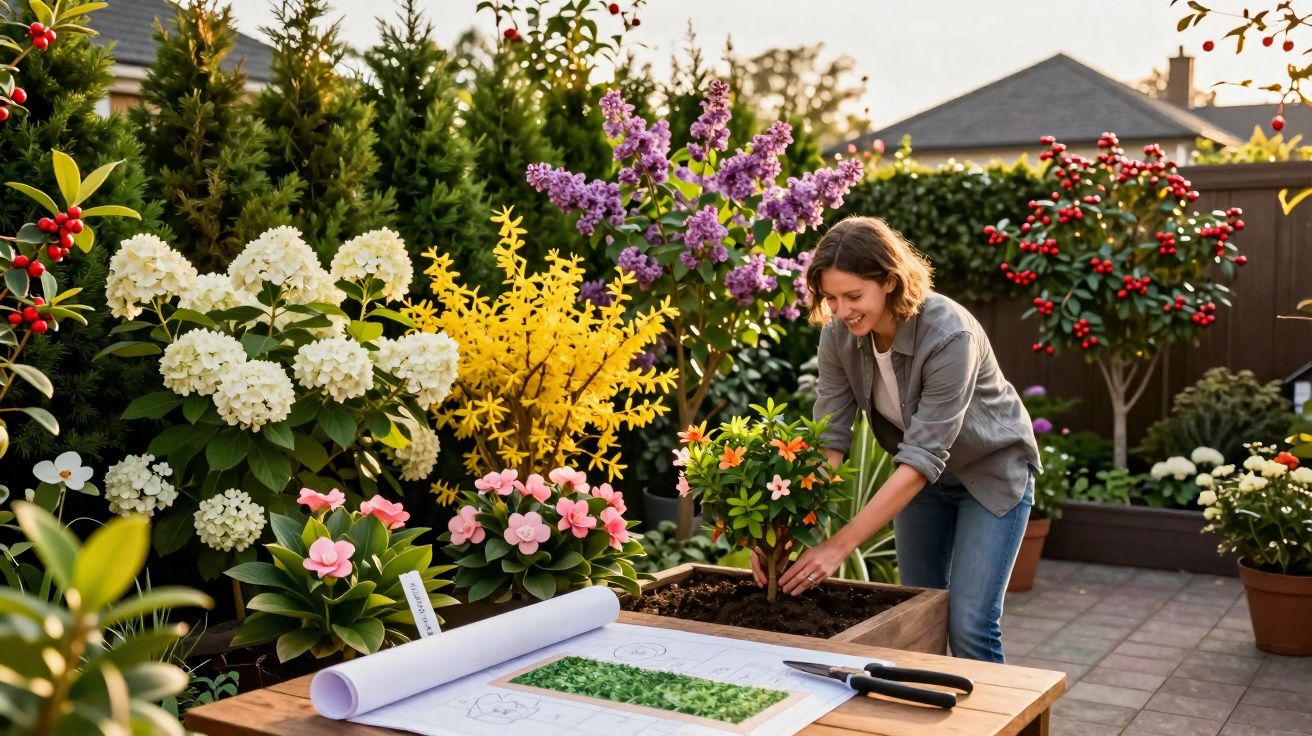 Femme prenant soin d’un arbuste en fleurs dans un jardin coloré, avec plans de jardinage et outils sur une table en bois.