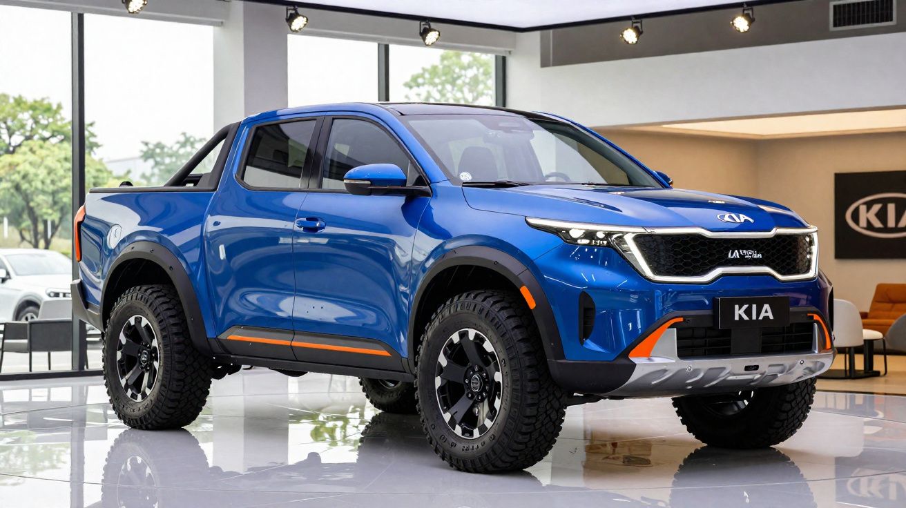 Pick-up bleu Kia EV9 GTS exposé dans une salle d'exposition moderne avec larges fenêtres.