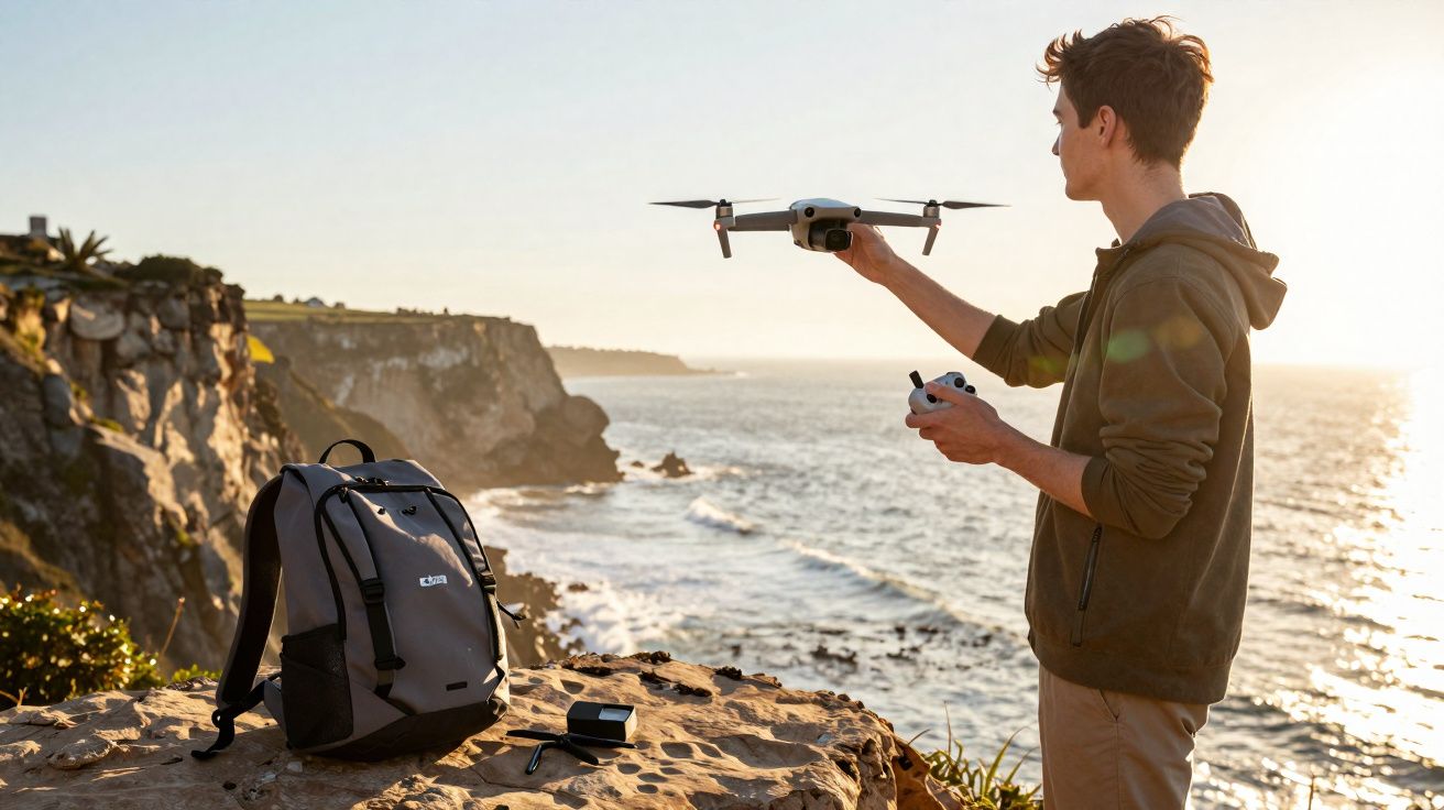 Jeune homme préparant un drone au décollage sur une falaise au bord de la mer au coucher du soleil.