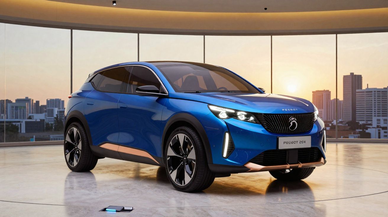 Voiture électrique Peugeot e-21X bleue exposée dans un showroom moderne avec vue urbaine au coucher du soleil.