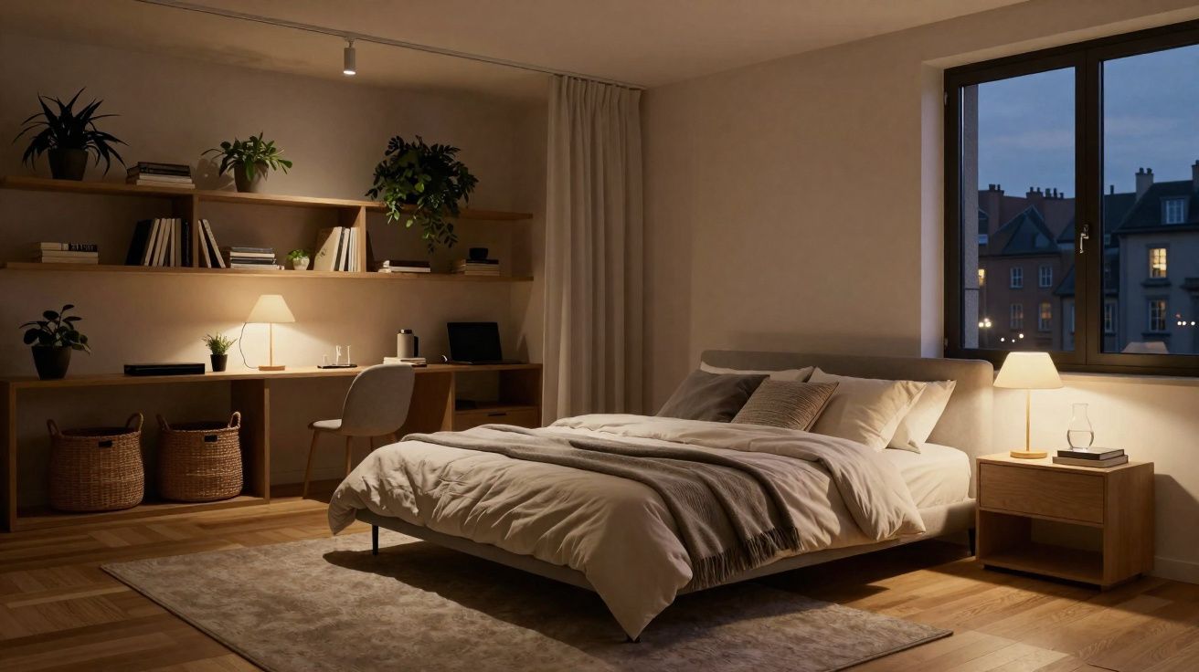 Chambre moderne et cosy avec lit double, bureau éclairé, plantes, tapis et grande fenêtre ouverte sur ville nocturne.