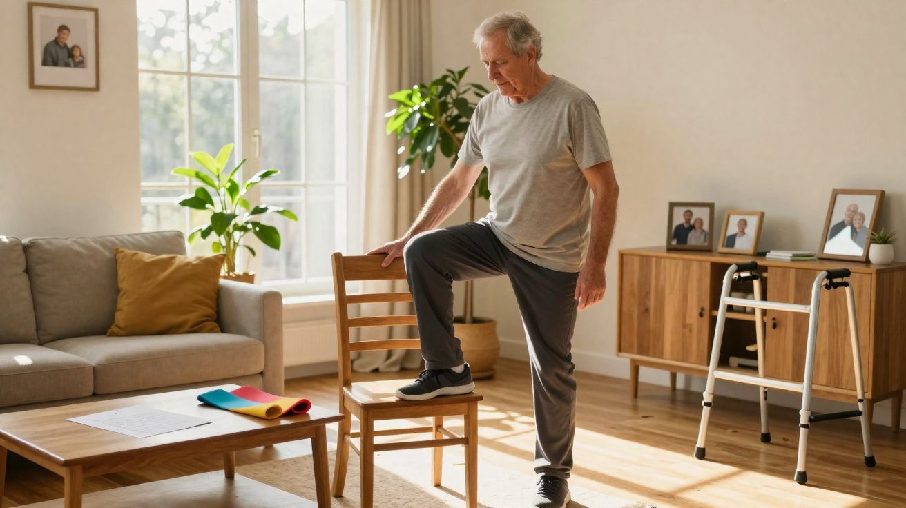 Homme âgé en tenue de sport s'exerçant avec une chaise dans un salon lumineux avec déambulateur à côté.