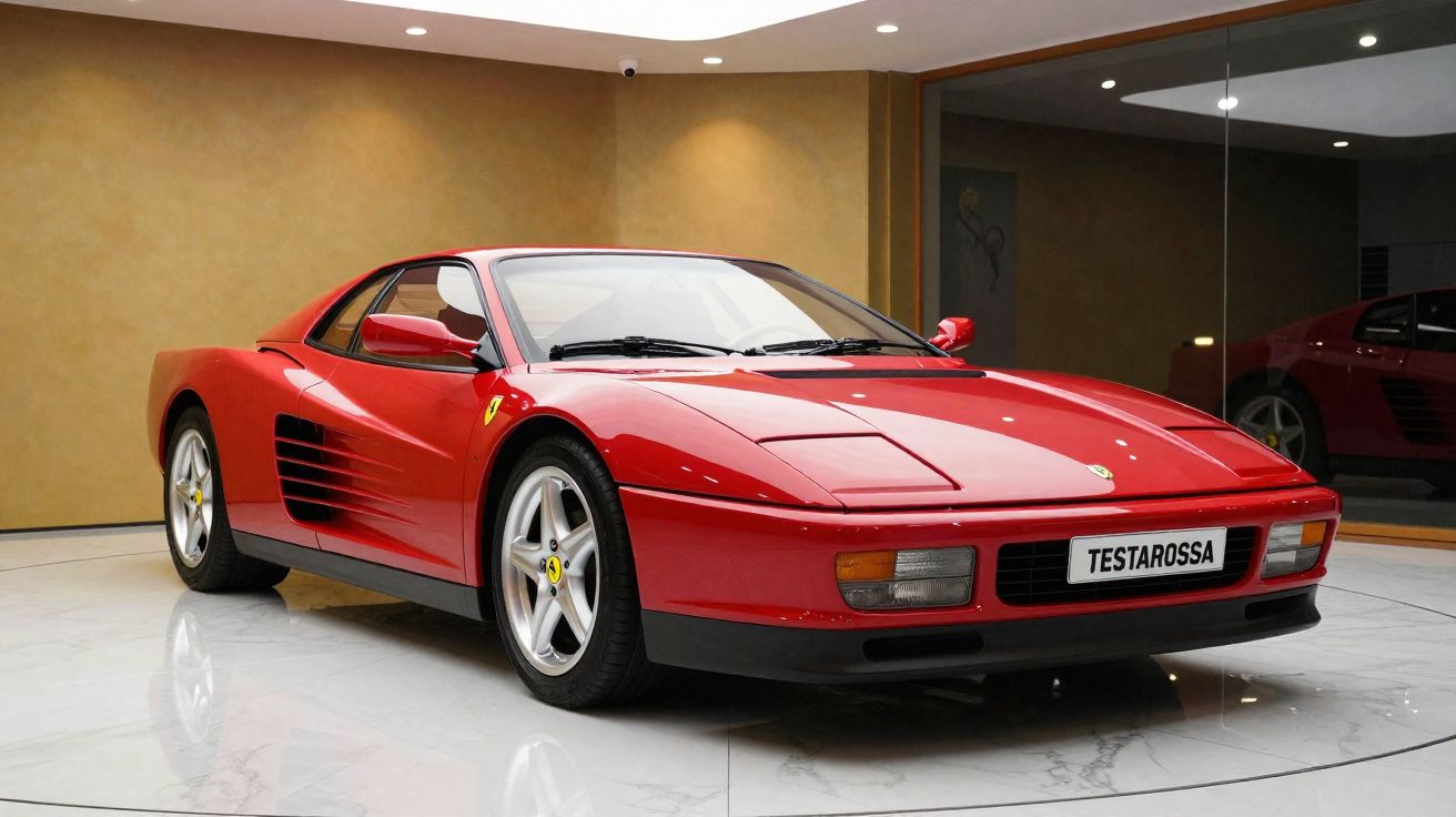 Voiture de sport Ferrari Testarossa rouge brillante exposée dans une pièce lumineuse avec sol en marbre.