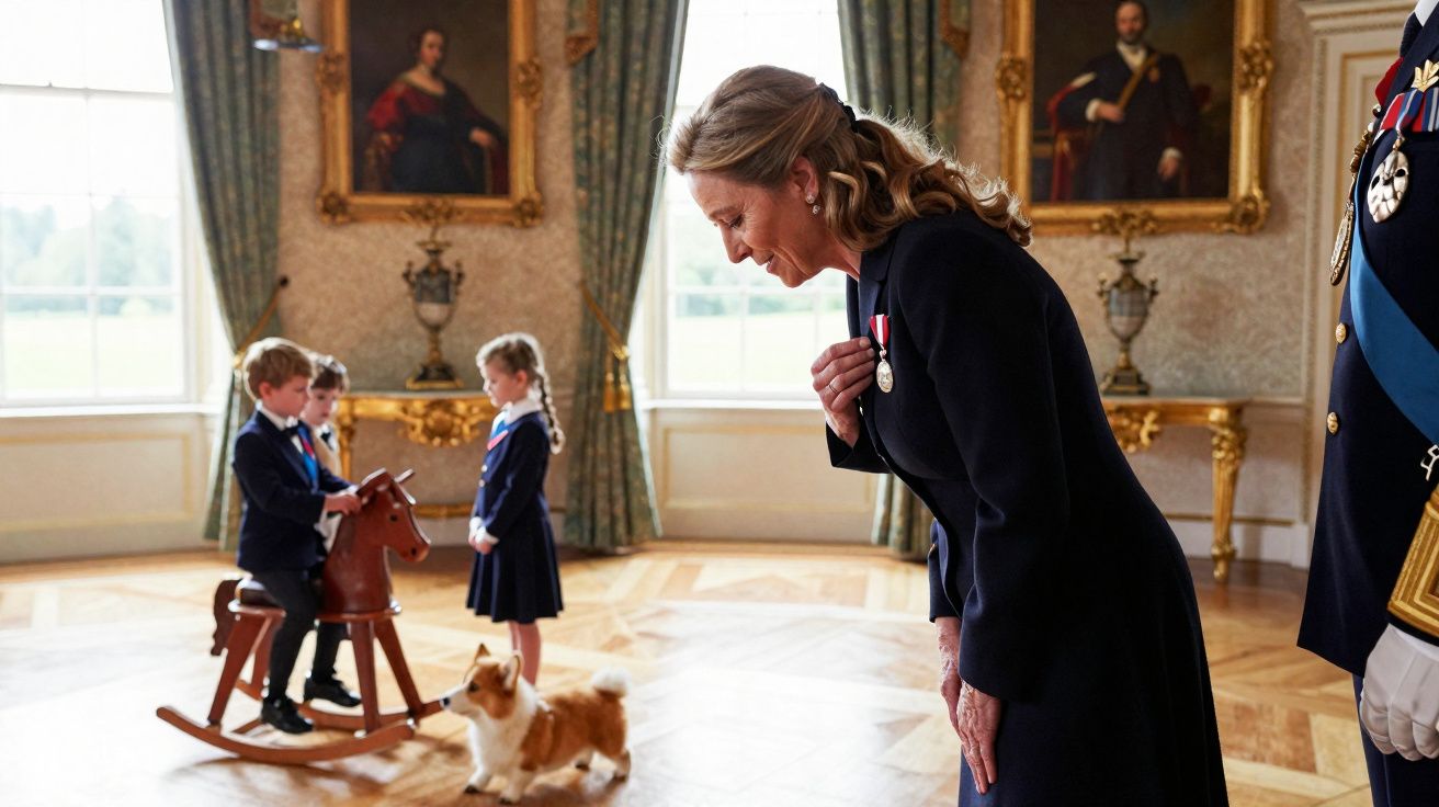 Une femme salue trois enfants en uniforme dans une pièce richement décorée avec un chien et un cheval à bascule.