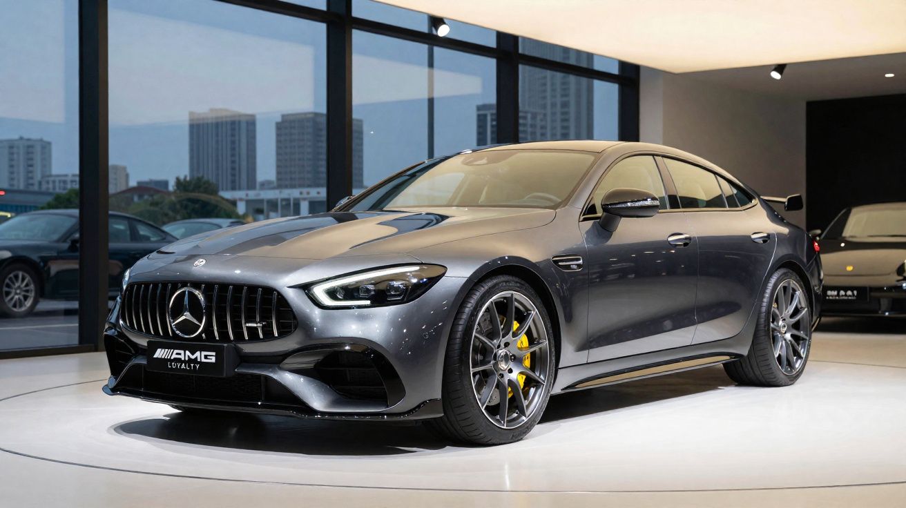 Voiture de sport grise Mercedes AMG exposée dans une salle avec grandes vitres et vue sur la ville.