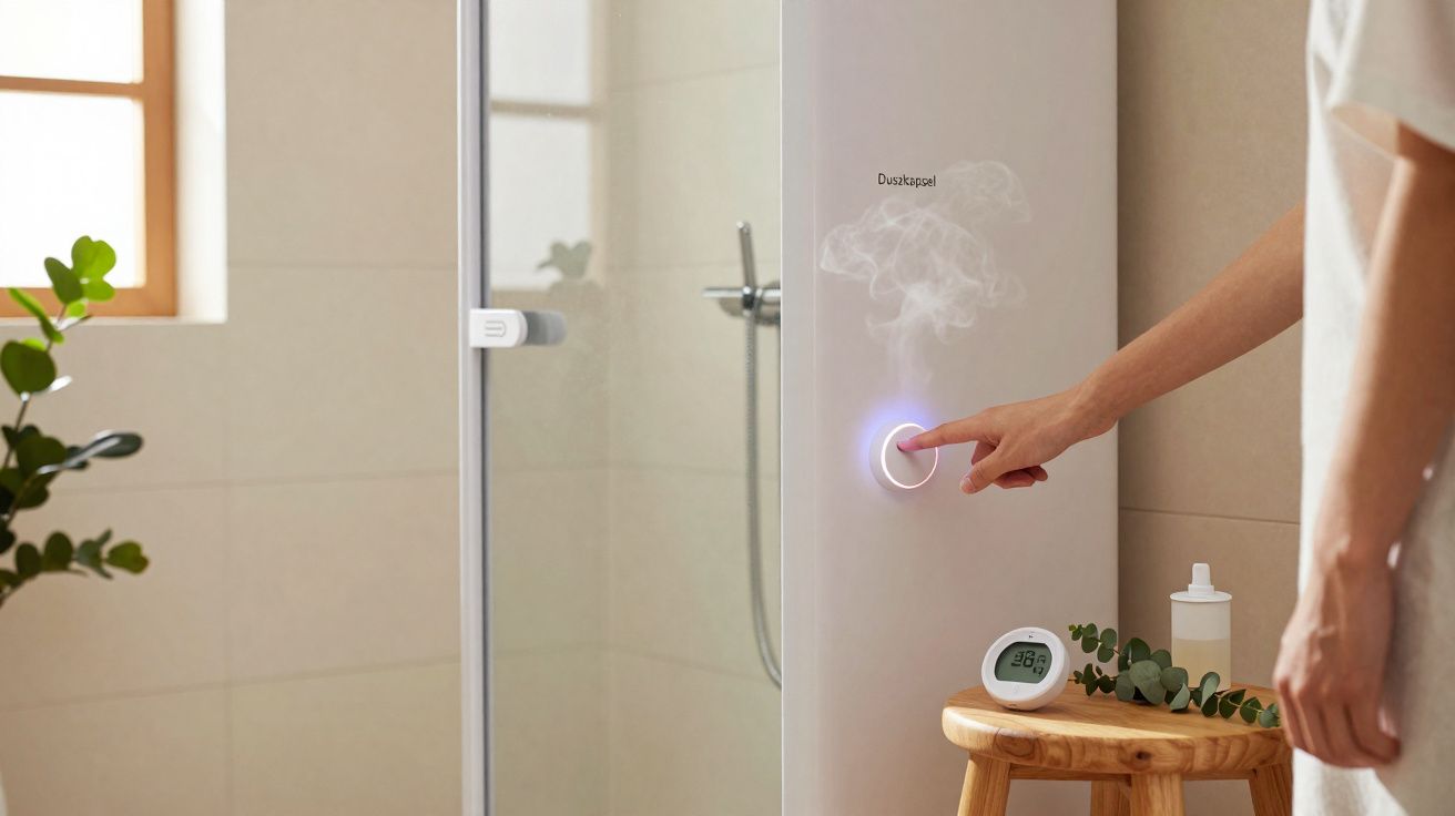Main appuyant sur un bouton de diffuseur de vapeur dans une salle de bain lumineuse avec plantes et chaise en bois.