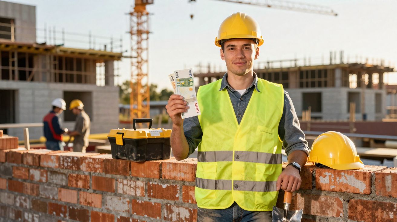 Ouvrier du bâtiment souriant avec casque et gilet réfléchissant tenant de l'argent sur un chantier en construction.