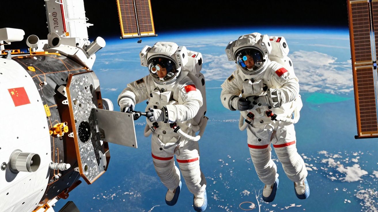 Deux astronautes chinois en combinaison spatiale effectuent une sortie dans l'espace près d'une station spatiale orbitale.