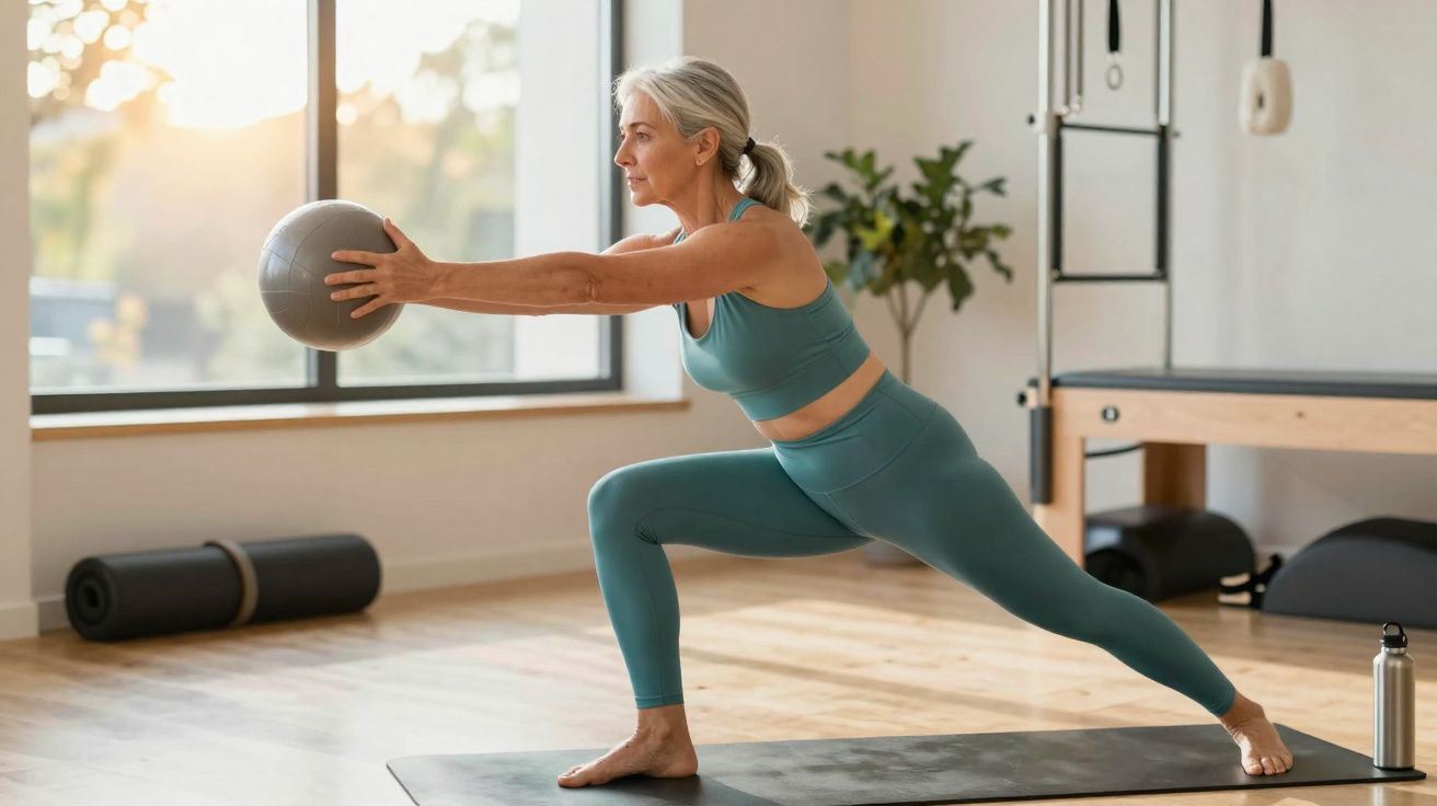 Femme âgée en tenue de sport effectuant une posture de yoga avec un ballon dans un studio lumineux.