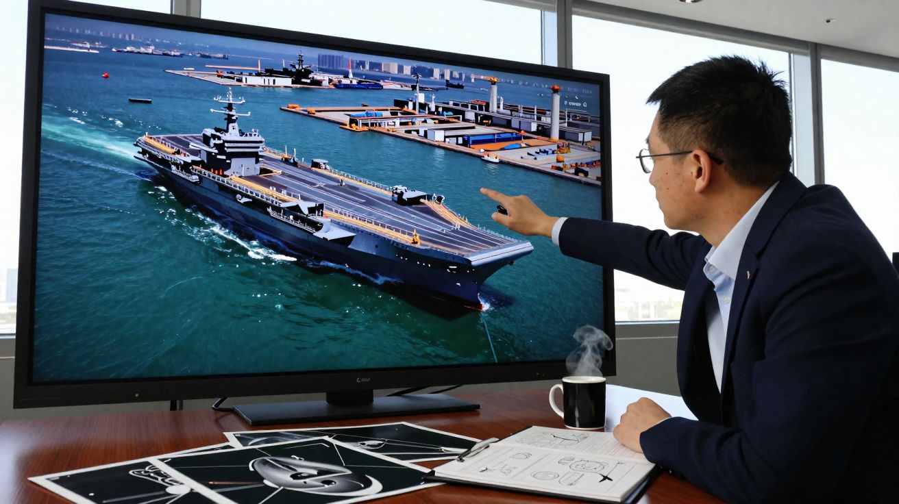 Homme en costume présentant un porte-avions sur un écran avec des plans et un café sur la table.
