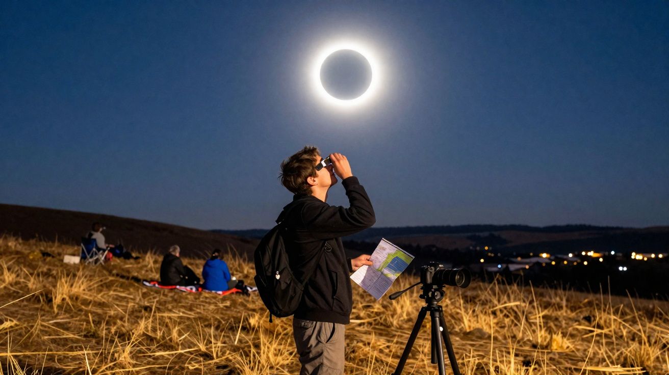 Personne observant une éclipse solaire totale avec lunettes, carte et appareil photo dans un champ au crépuscule.
