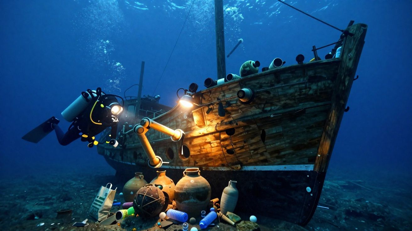 Plongeur explore une épave de bateau en bois sous-marine entourée de poteries et objets anciens.