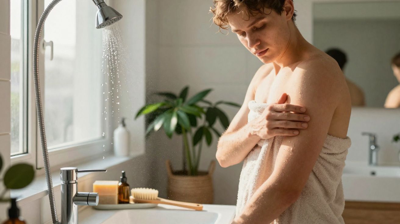 Jeune homme essuyant son bras avec une serviette dans une salle de bain lumineuse près d'une douche.