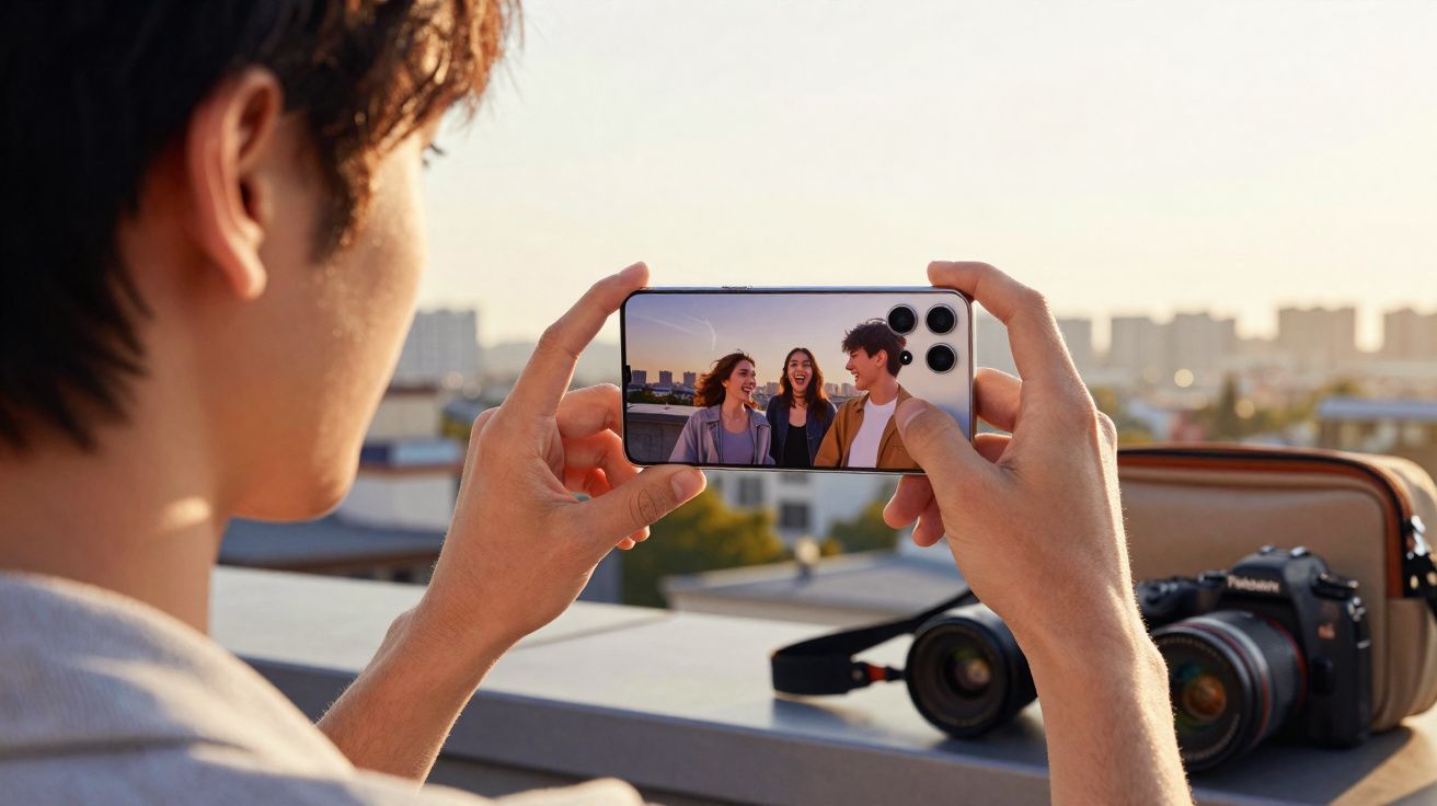 Personne prenant en photo trois amis souriants avec un smartphone sur un toit au coucher du soleil.