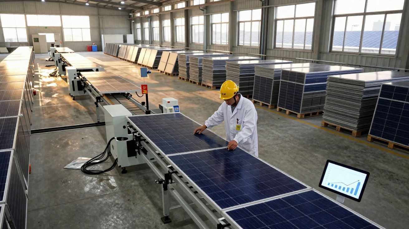 Opérateur en casque jaune inspectant des panneaux solaires sur une chaîne de production en usine lumineuse.