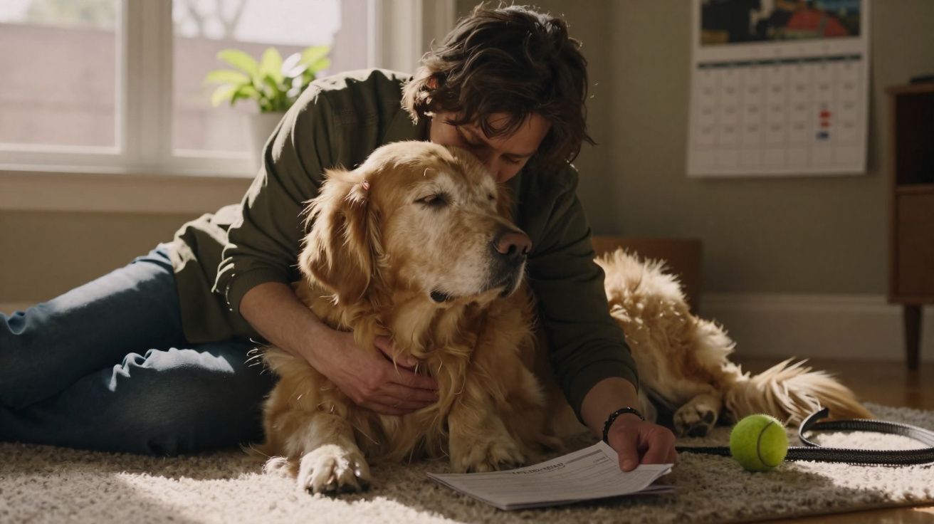 Un homme caresse un chien golden retriever allongé sur un tapis, tenant des papiers, près d'une balle de tennis.