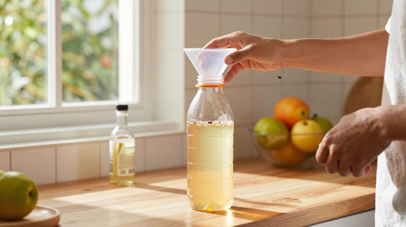 Main versant un liquide jaune dans une bouteille plastique avec un entonnoir sur un plan de travail en cuisine.
